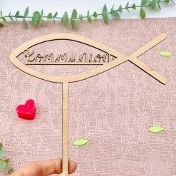 Holzschild Kommunion - Taufe - Firmung -  Blumenstecker Deko Christlicher Fisch Kommunionsfeier - Tauffeier