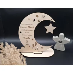 Holzschild mit persönlicher Gravur - Mond - als Andenken an Dein Sternenkind, geliebte Person, Trauerlicht,