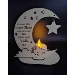 Holzschild mit persönlicher Gravur - Mond - als Andenken an Dein Sternenkind, geliebte Person, Trauerlicht,