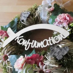 Holz-Schriftzug "Konfirmation" in Fisch Ichtys für Türkranz