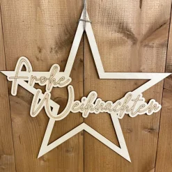 Holzstern Frohe Weihnachten – Weihnachtsdeko mit Gravur für Türkranz, verschiedene Größen