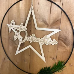 Holzstern Frohe Weihnachten – Weihnachtsdeko mit Gravur für Türkranz, verschiedene Größen