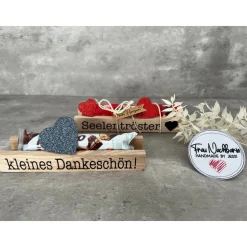 Holzverpackung mit Aufdruck, Geschenkverpackung, Seelentröster, Kleinigkeit, Nervennahrung, kleines Dankeschön, Schokola