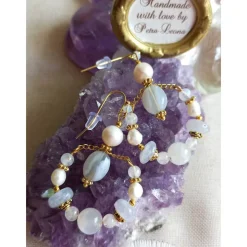 HOOP-Ohrringe CHALCEDON, echt MONDSTEIN + PERLE Geburtsstein JUNI, Sternzeichen ZWILLINGE, KREBS, SCHÜTZE, Braut-Schmuck