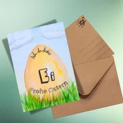 Humorvolle Oster-Postkarte „Ach, du dickes Ei – Frohe Ostern“ auf Kraftpapier