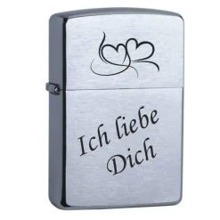 Ich liebe Dich + 2 Herzen Chrome Brushed Original Zippo graviert