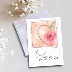 IN LOVE, Klappkarte Rose  mit Herz A6 – Karte mit handgemaltem Blumenmotiv auf Struktur-Karton mit Umschlag