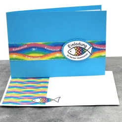 Individuelle Einladungskarte Regenbogen Fisch zur Kommunion, Taufe, Konfirmation & Firmung