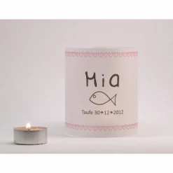 individuelles Licht zur Taufe mit rosa Herzen
