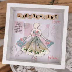 Jugendweihe, Geldgeschenk, Geschenk, personalisiert, Geld, Rahmen, Geldrock, Mädchen, Konfirmation, Spruch