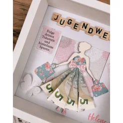 Jugendweihe, Geldgeschenk, Geschenk, personalisiert, Geld, Rahmen, Geldrock, Mädchen, Konfirmation, Spruch