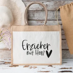 Jute-Tasche „Erzieher mit Herz“ – Geschenk zum Abschied aus der Kita oder dem Kindergarten