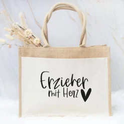 Jute-Tasche „Erzieher mit Herz“ – Geschenk zum Abschied aus der Kita oder dem Kindergarten