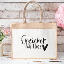 Jute-Tasche „Erzieher mit Herz“ – Geschenk zum Abschied aus der Kita oder dem Kindergarten