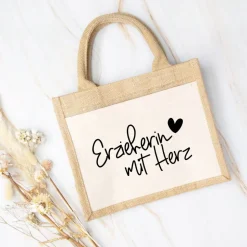 Jute-Tasche „Erzieherin mit Herz“ – Geschenk zum Abschied aus der Kita oder dem Kindergarten