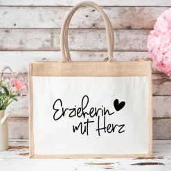Jute-Tasche „Erzieherin mit Herz“ – Geschenk zum Abschied aus der Kita oder dem Kindergarten
