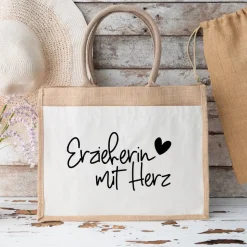 Jute-Tasche „Erzieherin mit Herz“ – Geschenk zum Abschied aus der Kita oder dem Kindergarten