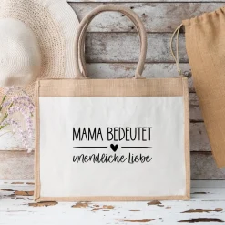 Jutetasche Mama Geschenk zum Muttertag mit Spruch Mama bedeutet unendliche Liebe