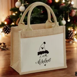 Jutetasche Weihnachten/Nikolaus mit Motiv – nachhaltige Geschenkverpackung mit Einsteckfach