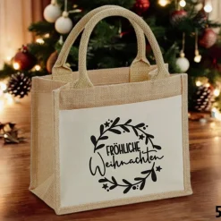 Jutetasche Weihnachten/Nikolaus mit Motiv – nachhaltige Geschenkverpackung mit Einsteckfach