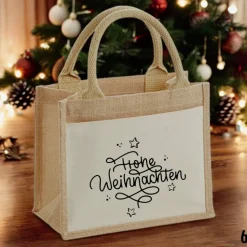 Jutetasche Weihnachten/Nikolaus mit Motiv – nachhaltige Geschenkverpackung mit Einsteckfach