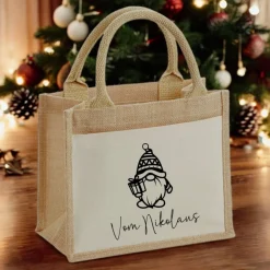 Jutetasche Weihnachten/Nikolaus mit Motiv – nachhaltige Geschenkverpackung mit Einsteckfach