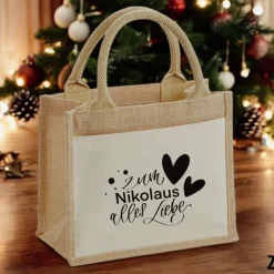 Jutetasche Weihnachten/Nikolaus mit Motiv – nachhaltige Geschenkverpackung mit Einsteckfach