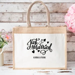 Jutetasche zur Hochzeit – Just Married mit Namen personalisiert & Wunschfarbe, Geschenktasche
