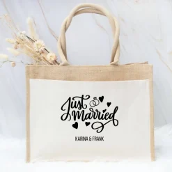 Jutetasche zur Hochzeit – Just Married mit Namen personalisiert & Wunschfarbe, Geschenktasche