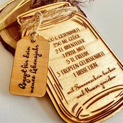 Karte aus Holz, Glückwunschkarte Geburtstag, Rezept für dein neues Lebensjahr, Vorratsglas, Mason Jar