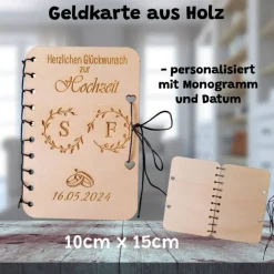 Karte aus Holz zur Hochzeit Glückwunschkarte Geldkarte edel mit Monogramm personalisiert