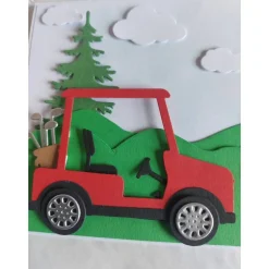 Karte Golfer, Golfplatzszene mit Golfmobil