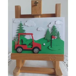 Karte Golfer, Golfplatzszene mit Golfmobil