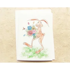 Karte, Hase mit Blumenstrauß, Klappkarte DinA 6, mit weißem Umschlag.