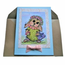 Karte Hase mit Kette und Blütenkranz Frühling retro romantisch als Druck Ostern