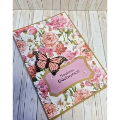 Karte Herzlichen Glückwunsch Schmetterling Blumen – Handgemachte Geburtstagskarte 14,7 x 10,3 cm