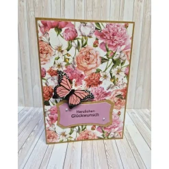 Karte Herzlichen Glückwunsch Schmetterling Blumen – Handgemachte Geburtstagskarte 14,7 x 10,3 cm