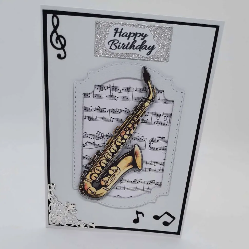 Karte zum Geburtstag, Glückwunschkarte mit Gitarre oder Saxophon, Notenblatt, personalisierbar