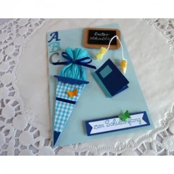 Karte zur Einschulung, Schulanfang, erster Schultag, ABC Karte in hellblau für einen Jungen