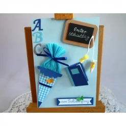 Karte zur Einschulung, Schulanfang, erster Schultag, ABC Karte in hellblau für einen Jungen