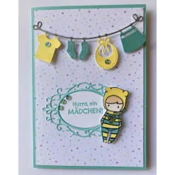 Karte zur Geburt, Babykarte, Glückwunschkarte, Baby ... Handmade Bunt mit Wäscheleine , Handarbeit