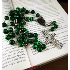 katholischer Rosenkranz, Malachitperlen und Edelstahl