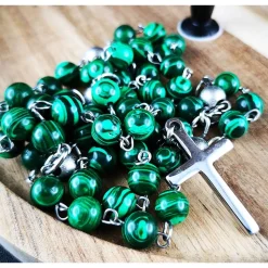katholischer Rosenkranz, Malachitperlen und Edelstahl