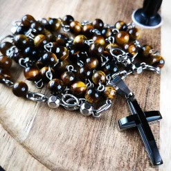 katholischer Rosenkranz, Tigeraugeperlen und Edelstahl