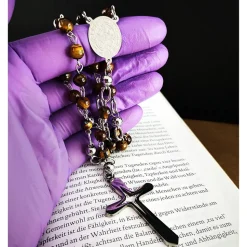 katholischer Rosenkranz, Tigeraugeperlen und Edelstahl