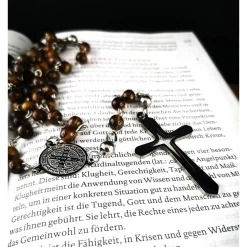 katholischer Rosenkranz, Tigeraugeperlen und Edelstahl