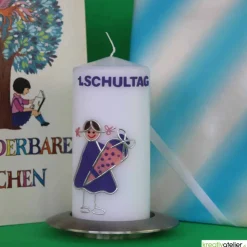 Kerze Einschulung Mädchen personalisierbar mit i-Dötzchen und Schultüte, Einschulungskerze, Kerze erster Schultag