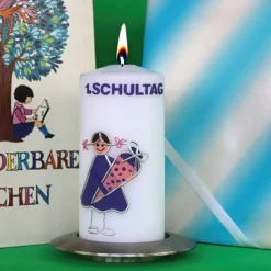 Kerze Einschulung Mädchen personalisierbar mit i-Dötzchen und Schultüte, Einschulungskerze, Kerze erster Schultag