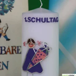 Kerze Einschulung Mädchen personalisierbar mit i-Dötzchen und Schultüte, Einschulungskerze, Kerze erster Schultag