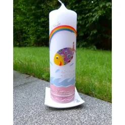 Kerze zur Taufe bunter Fisch inkl Beschriftung Wachsverzierungen keine Folie kein Druck